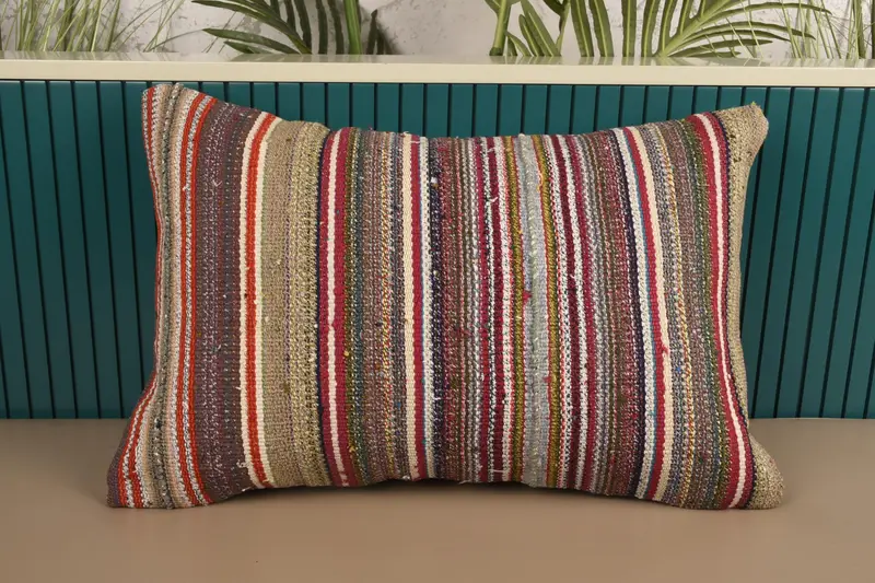 Red Vintage Moroccan Pillow, Bohemian Striped Wool Porch Cushion - 1