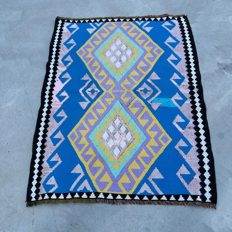 Vintage 2.5x3.3 ft Rug, Kilim Turkish Rug, Yellow Floral Rug Wool - 1