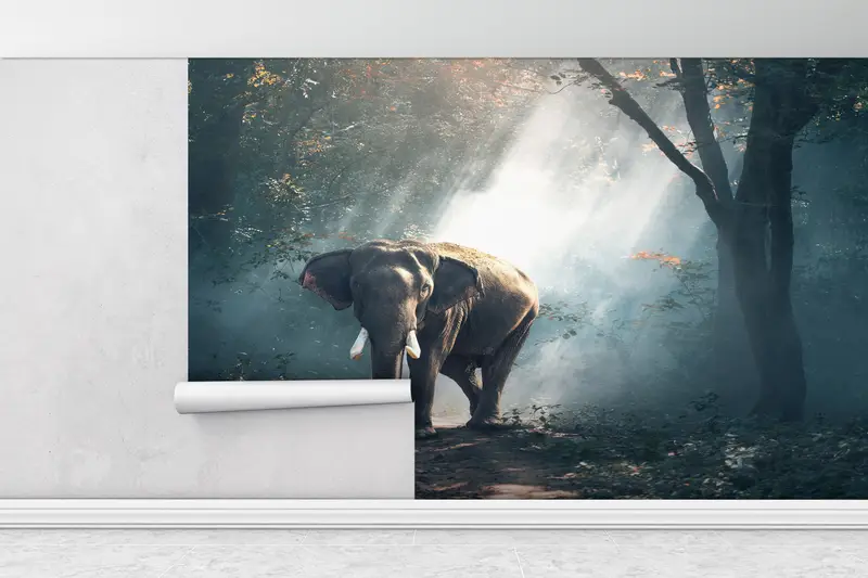 Nature Wall Decor, Elephant Wall Mural, Forest Landscape Wall Mural, Jungle Landscape Wall Print, Wild Elephant Wall Art, - 1