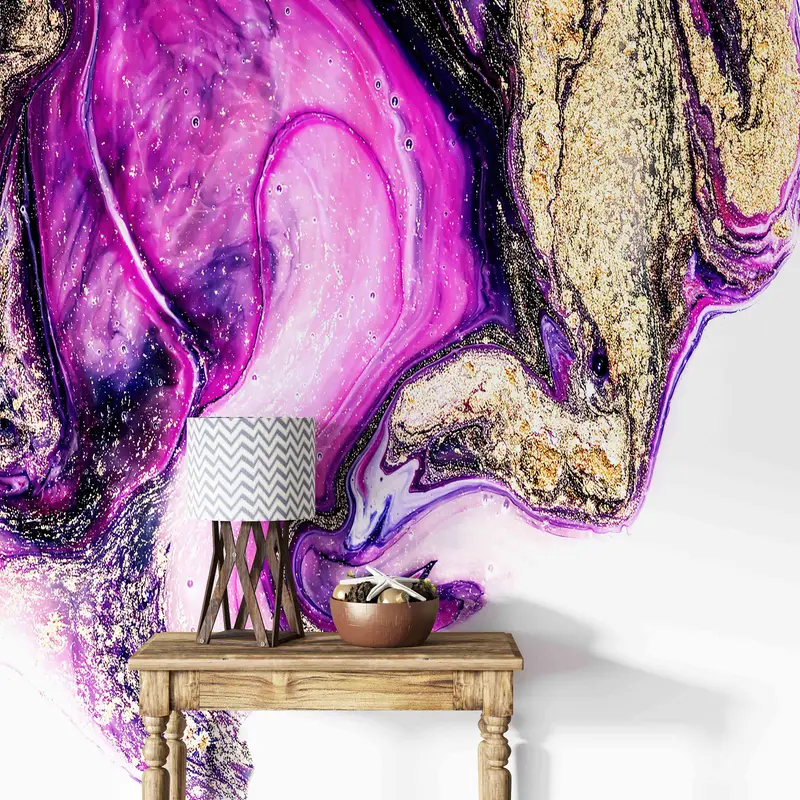 紫と金の大理石の壁紙、3D折り紙、明るい壁紙、アールデコの壁紙、紫色の壁画、モダンウォール壁画、きらめく壁アート、 - 4
