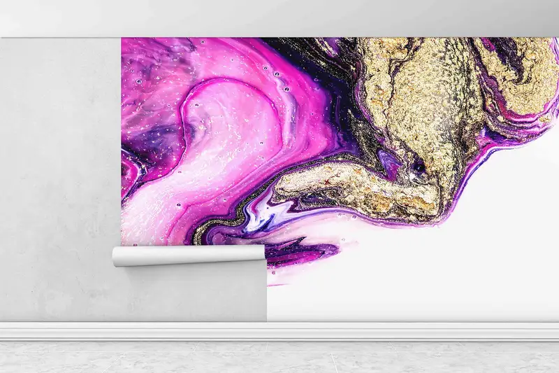 紫と金の大理石の壁紙、3D折り紙、明るい壁紙、アールデコの壁紙、紫色の壁画、モダンウォール壁画、きらめく壁アート、 - 1