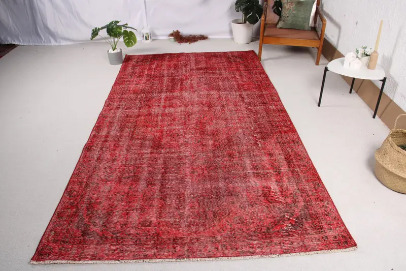 Türk Vintage Oushak Halı 5.2x9.4 ft (157x286 cm), Kırmızı Soyut Yün Halı - 1