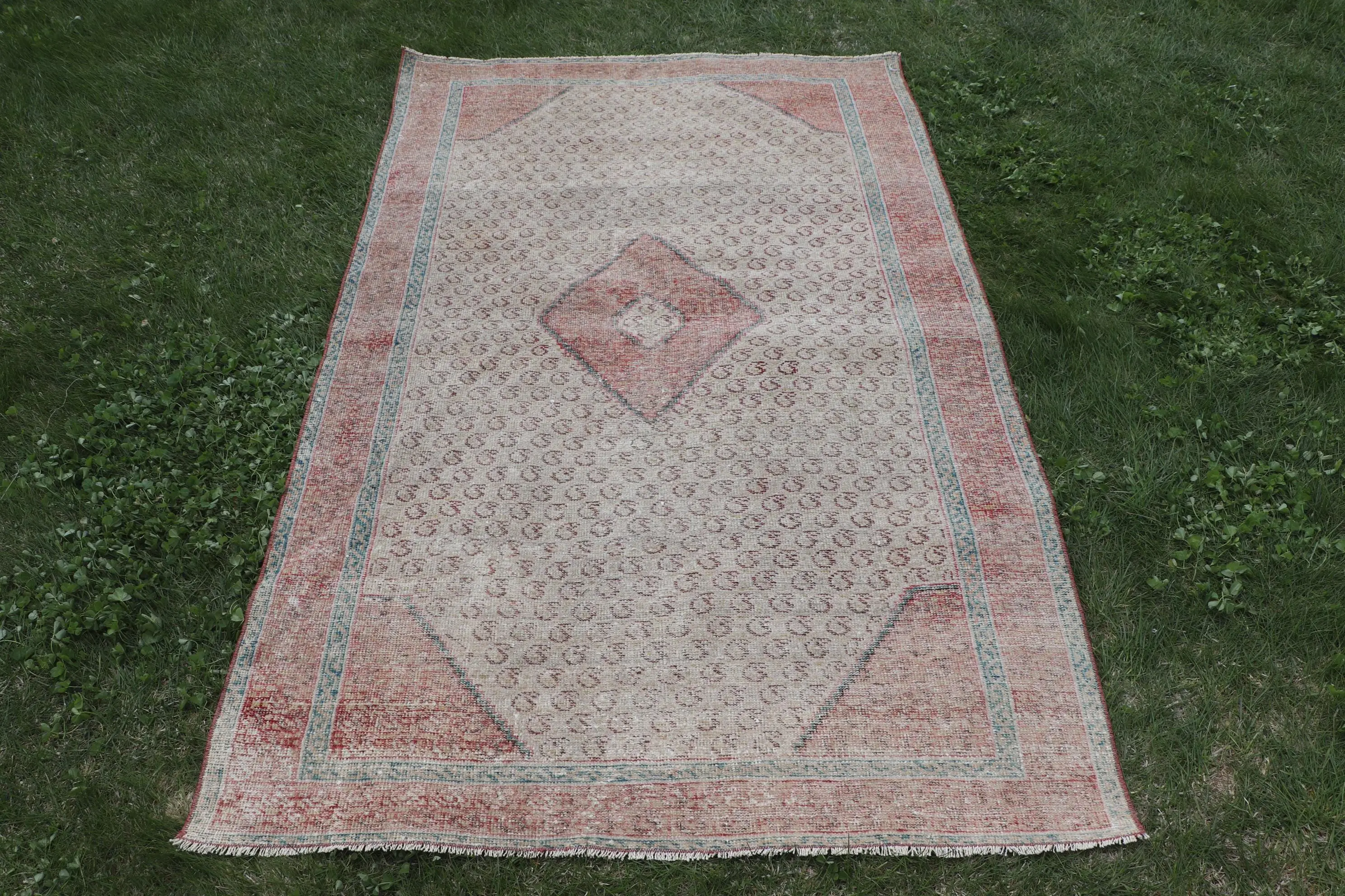 Alfombra vintage 3,7x6,1 pies (114x187 cm), alfombra turca de rayas rojas - 1