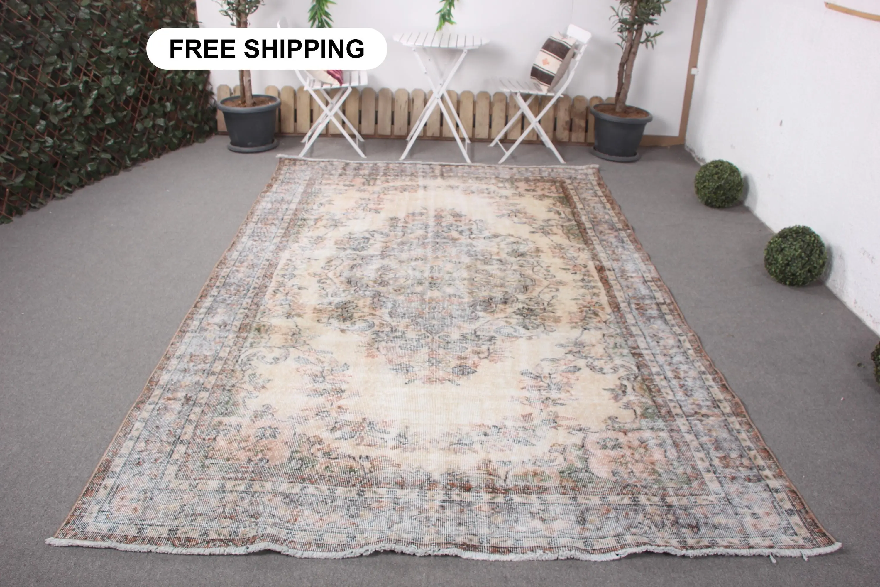 Vintage Turkish Rug, 6.5x9.9 ft Rug, Brown Bordered Wool Rug - 1