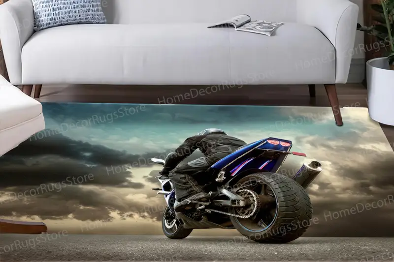 Motosiklet Aşkı Baskılı Halı: Sürücünün Tutkusu, Bulutlu Hava Tasarımı