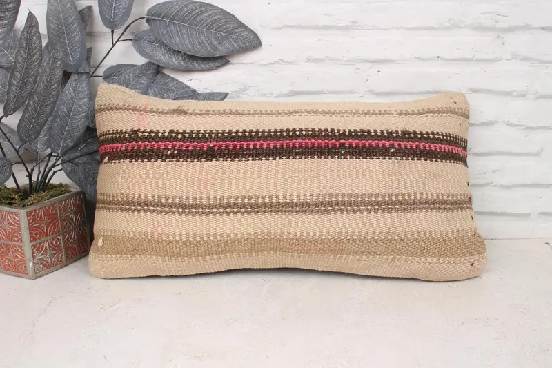Vintage Pillow, Pillow for Sofa, Boho Pillow Sham Cover, 12x24 Beige Pillow Sham, Outdoor Patio Cushion, Handmade Rug Seat Cushion, Pillow Case - 1