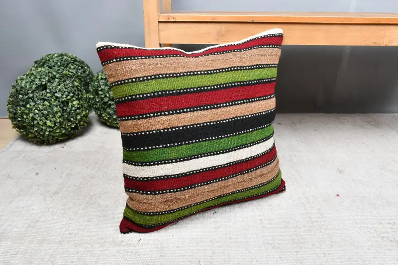 Armchair Cushion Case, Turkish Kilim Pillow, Kilim Cushion Sham, Christmas Cushion Case, Pillow Case, Boho Pillow Sham Cover, 18x18 Green Pillow - 7