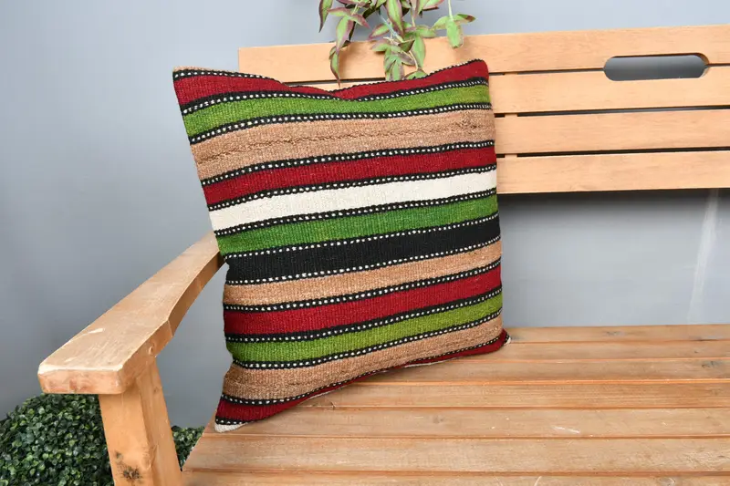 Armchair Cushion Case, Turkish Kilim Pillow, Kilim Cushion Sham, Christmas Cushion Case, Pillow Case, Boho Pillow Sham Cover, 18x18 Green Pillow - 1