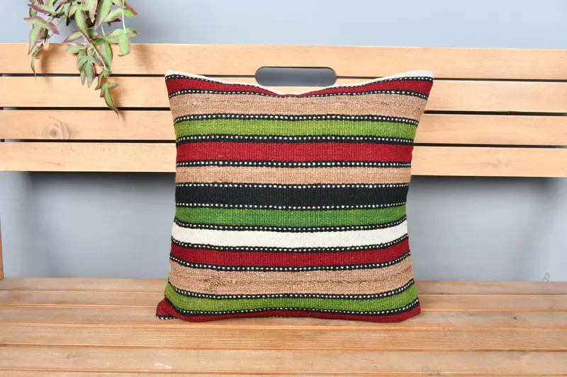 Armchair Cushion Case, Turkish Kilim Pillow, Kilim Cushion Sham, Christmas Cushion Case, Pillow Case, Boho Pillow Sham Cover, 18x18 Green Pillow - 5