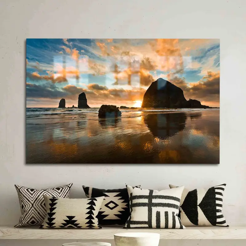 Vidrio impreso: Paisaje marino al atardecer con Haystack Rock, Cannon Beach
