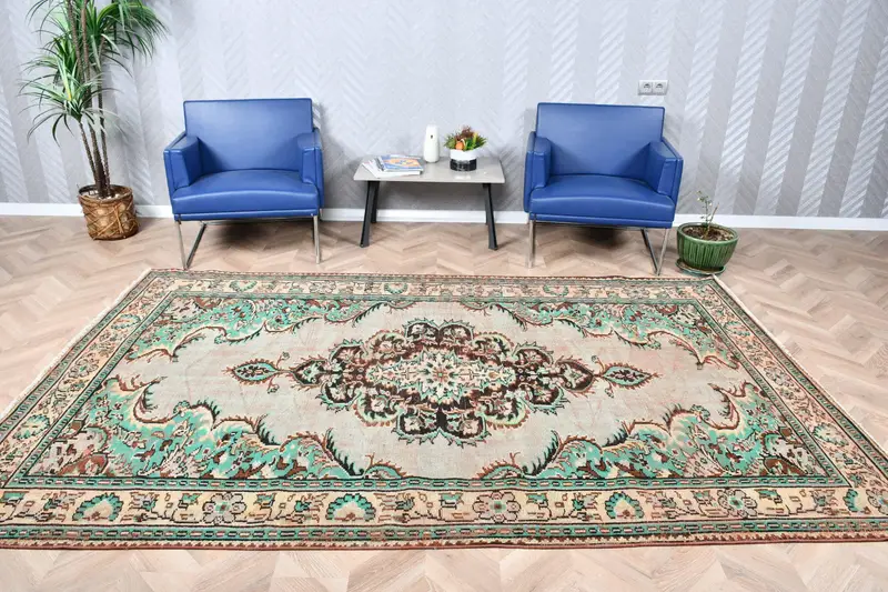 5.8x9.5 ft Vintage Büyük Halı, Mavi Kahverengi Türk Fas Yün Halısı - 1
