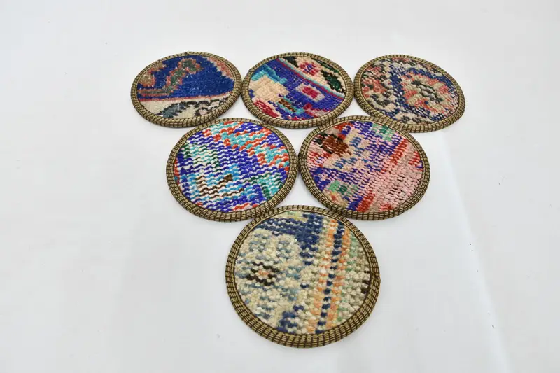 Bohemian Blue and Beige Round Coasters, Stylish Home Decor Coasters