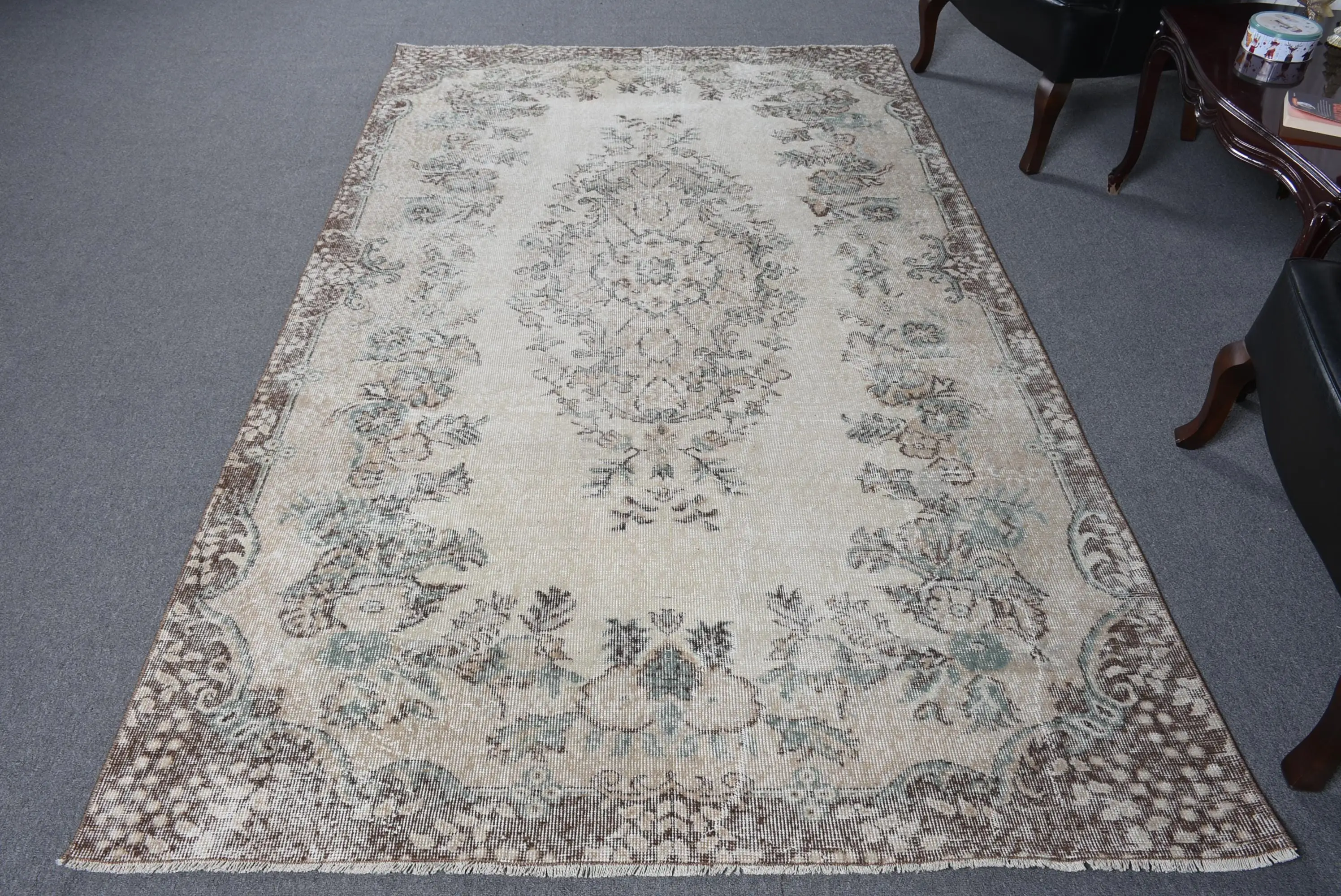 Vintage 5.2x8.7 ft Halı, Büyük Türk Halısı, Kahverengi Gri Kareli Halı - 1