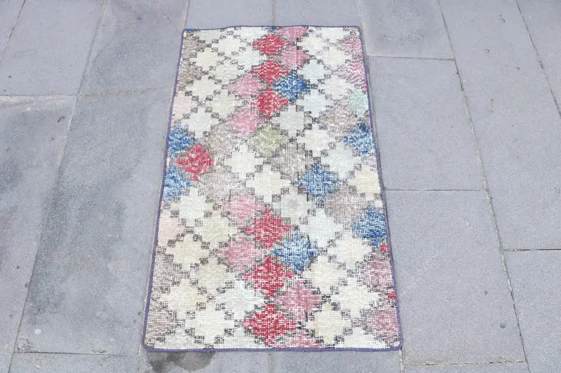 Turkish Vintage Rug, 2x3.4 ft Small Rug, Red Blue Wool Rug - 1