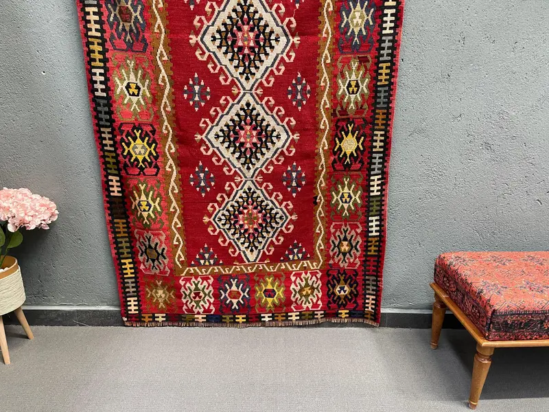 Kilim Rug, 4.1x6.1 ft Vintage Rug, Red Rug Wool - 1