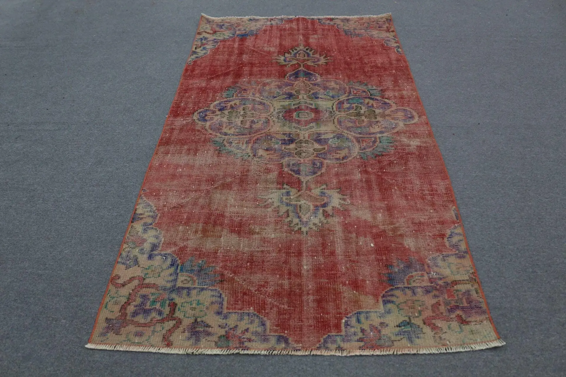 4.2x8 ft Vintage Türk Halısı, Alan Halısı, Kırmızı Mavi Kamuflaj Yün Halı - 1