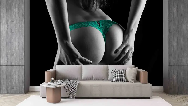 Sexy Papierhandwerk, sinnliche Foto -Wandabziehbilder, Mädchen mit grünem Dessous -Wandmalerei, Mädchen in grünem Höschen Wanddruck, helles Papier, reif - 5