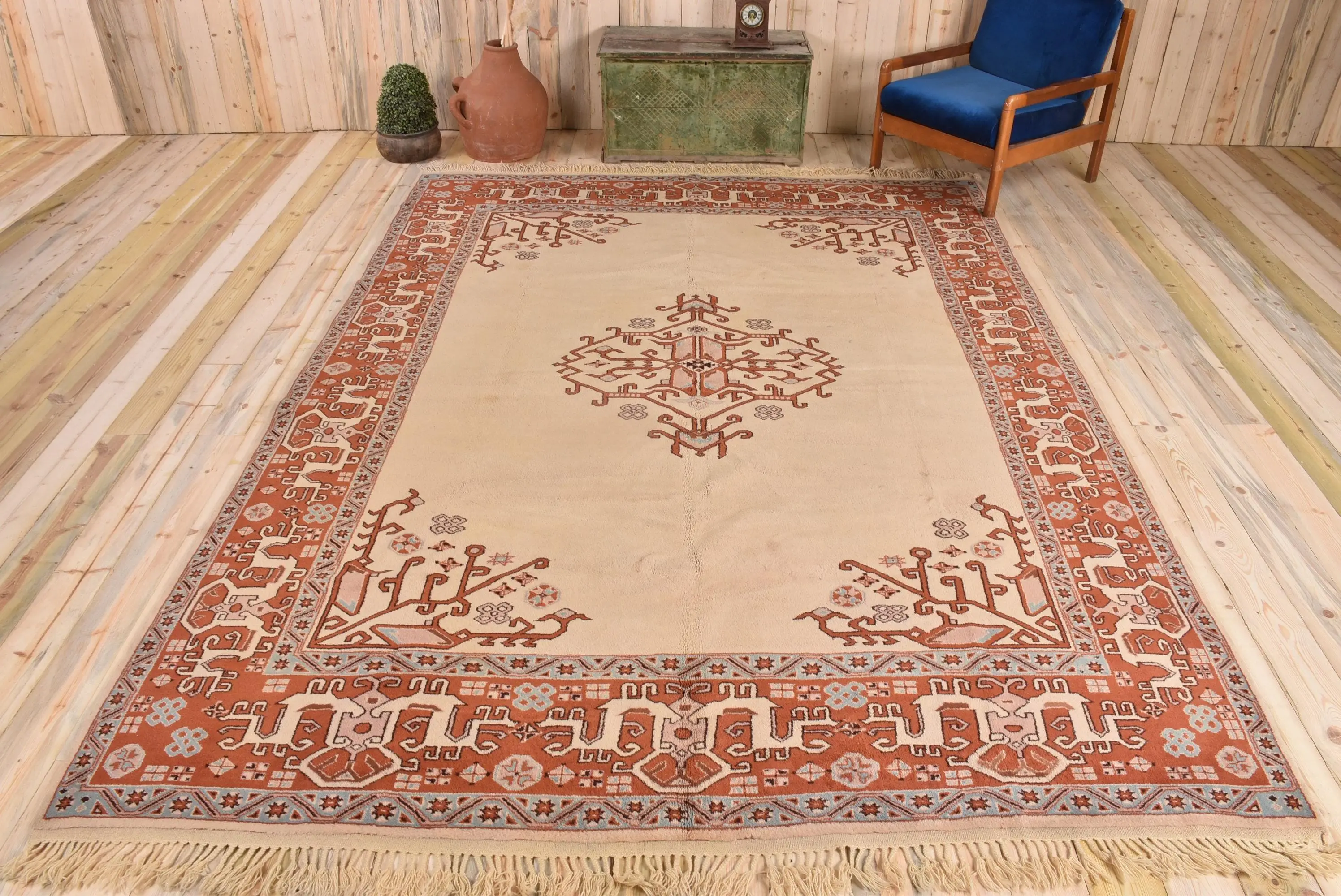 Turkish Vintage Rug 8.1x11 ft (248x334 cm), Brown Plants & trees Wool Rug - 1