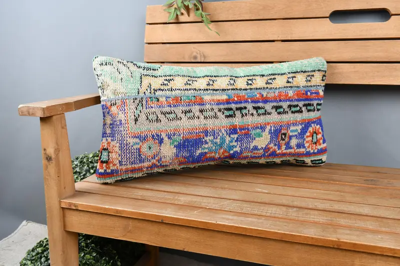 Vintage Kilim Throw Pillow, Turkish Kilim Pillow, Pastel Pillow Case, Pillow Case, 12x24 Blue Pillow, Interior Designer Pillow - 1
