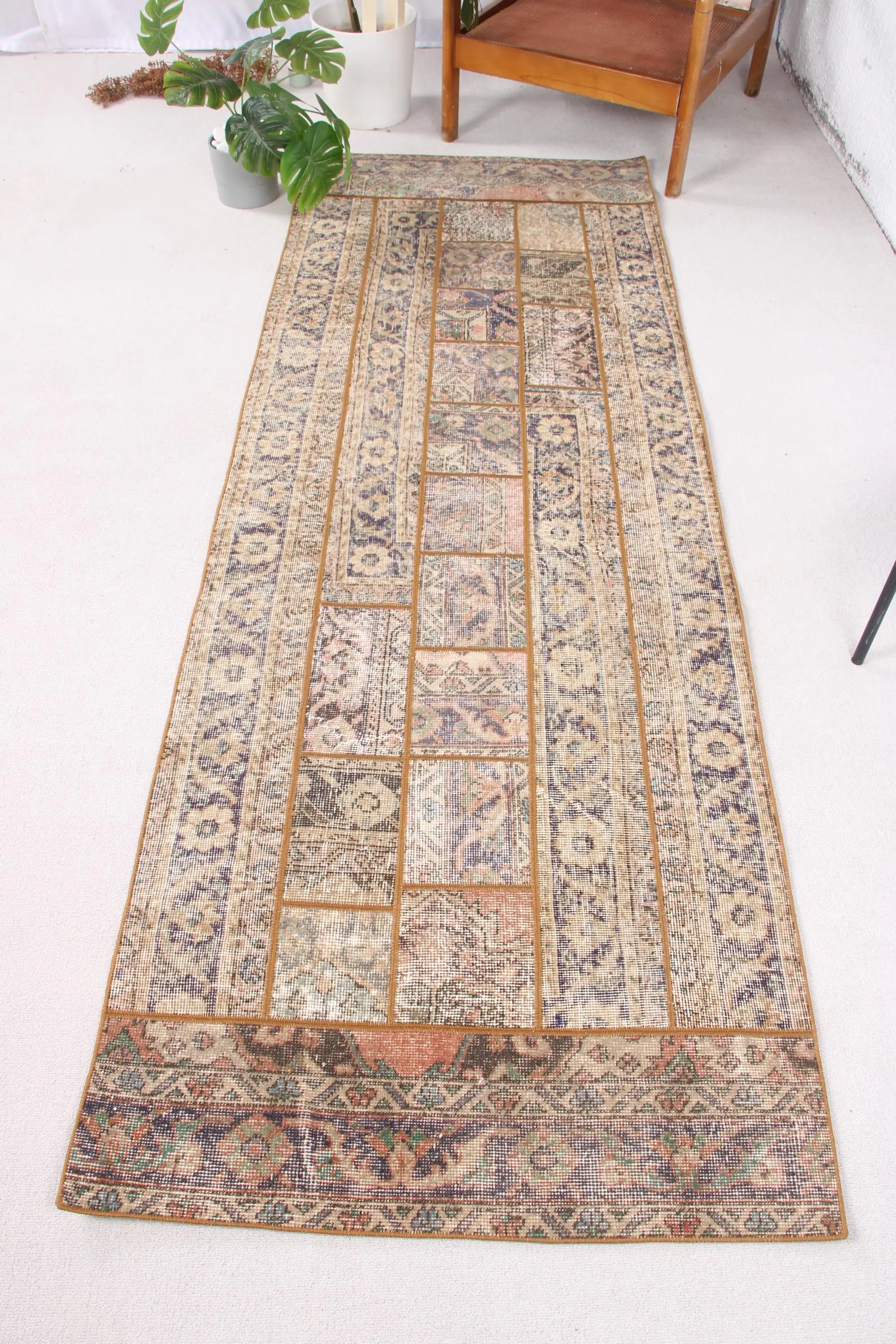 3x8.4 ft Runner Turkish Vintage Rug, Brown Patchwork Wool Rug - 1