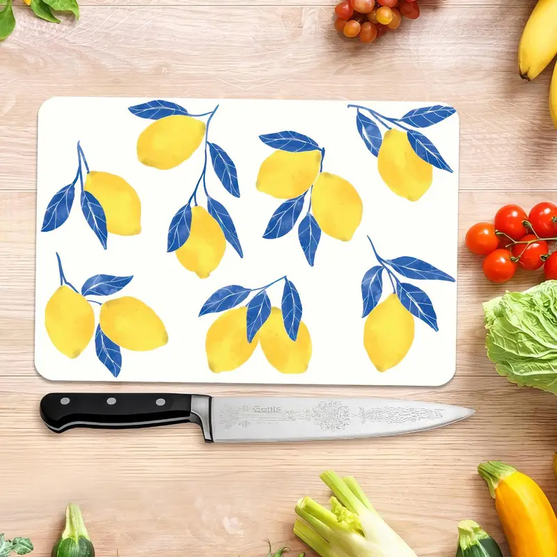 Mavi Yapraklı Limon Desenli Cam Kesme Tahtası