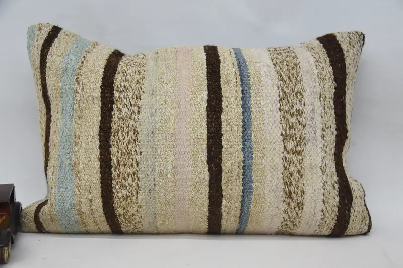 Besticktes beige-braun gestreiftes Kissen, vielseitiges 16x24 Wurfkissen