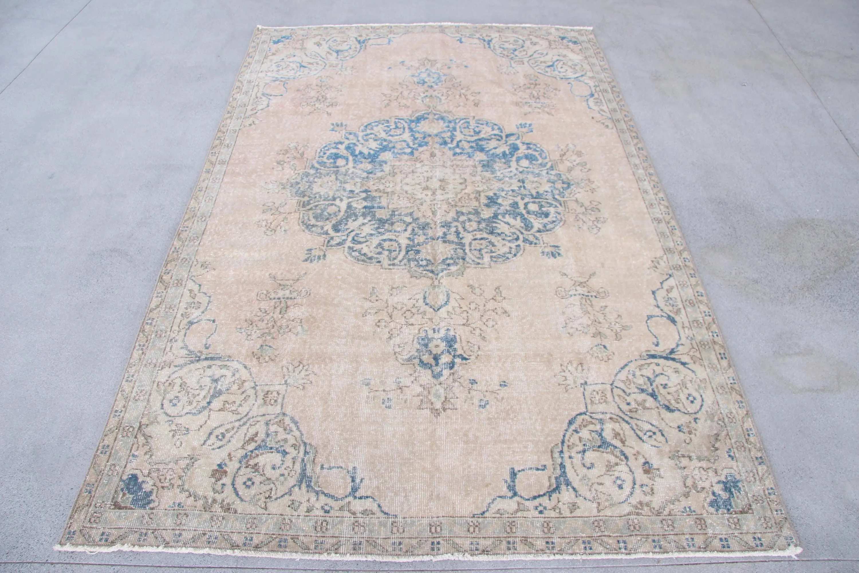 Türk Vintage Büyük Halı 6,3x9,7 ft, Mavi Ombré Halı Yün - 1