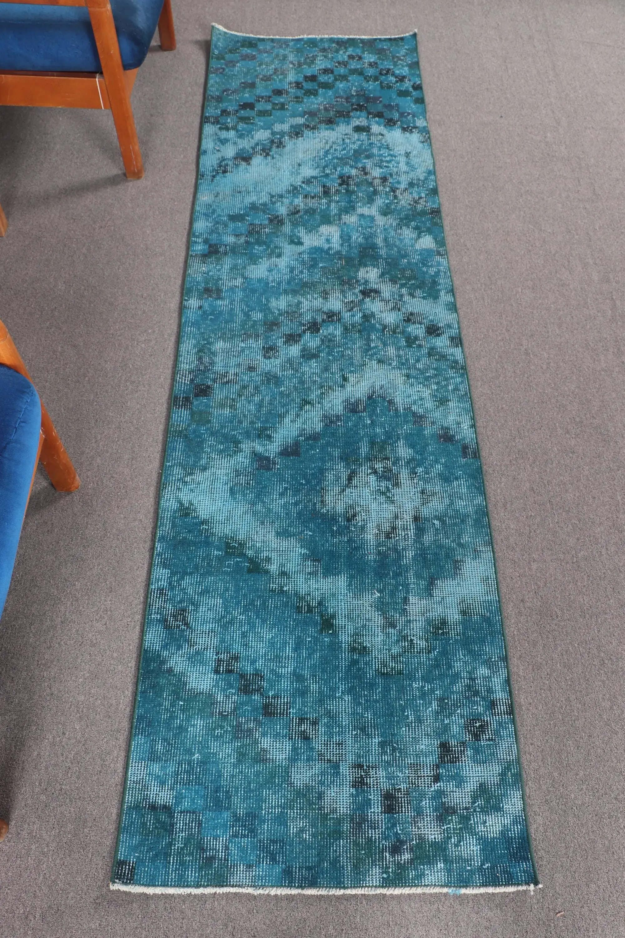 Vintage Turkish Rug 2.2x7.9 ft, Blue Check Wool Rug - 1
