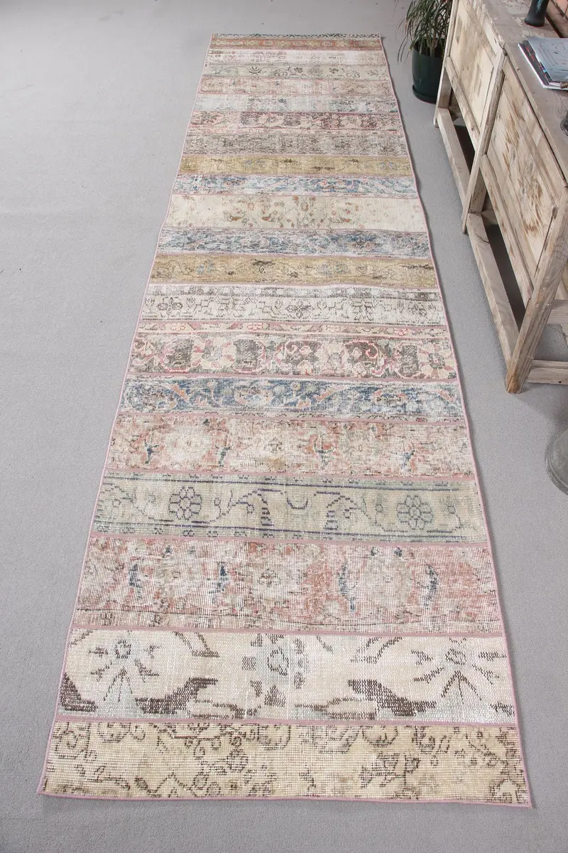 Zarif Mavi Oryantal Halı, 3x11,8 ft Mavi ve Bej