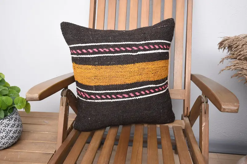 Throw Square Pillow Cover, 18x18 inch Striped TexturedYellow Moroccan Wool Pillow Sham - 1