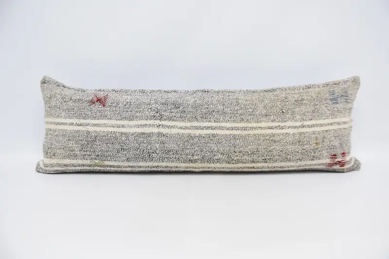 Turkish Antique Woven Cushion Case, FloorWhite 40x122 cm Wool Striped Pillowcase - 1