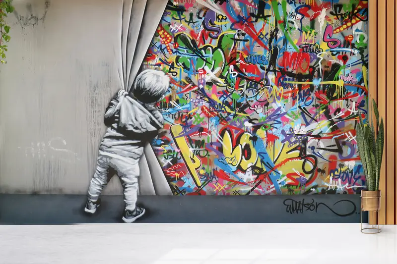 Sanatsal Banksy Boy Graffiti Baskılı Duvar Kağıdı - Canlı Oda Dekoru