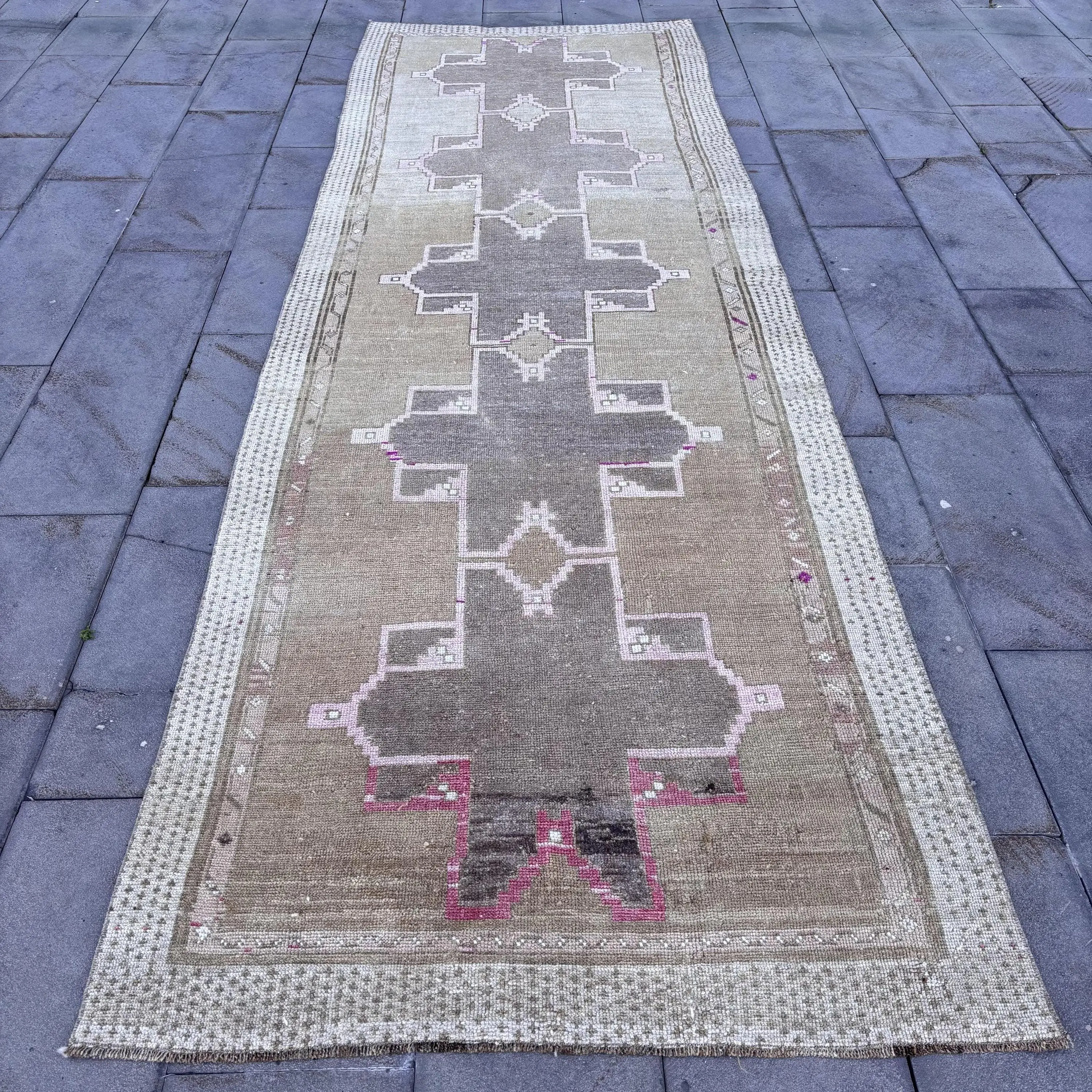 4x12.3 ft Turkish Rug, Vintage Runner Rug, Gray Pink Plants & trees Rug - 1