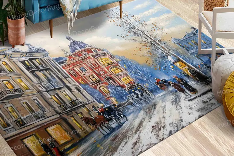 Alfombra estampada moderna: Paisaje urbano invernal para espacios elegantes