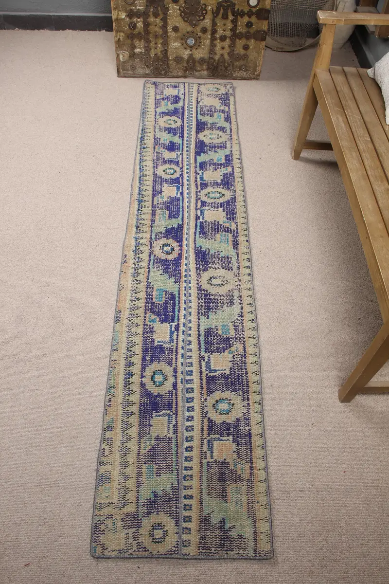 1.5x7.5 ft Vintage Oushak Halı, Türk Halısı, Mavi Güneybatı Yün Halı - 1