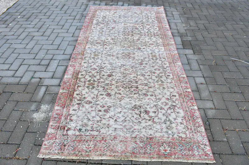 3.9x8.5 ft Alan Vintage Türk Halısı, Kırmızı Bitkiler ve ağaçlar Yün Halı - 1