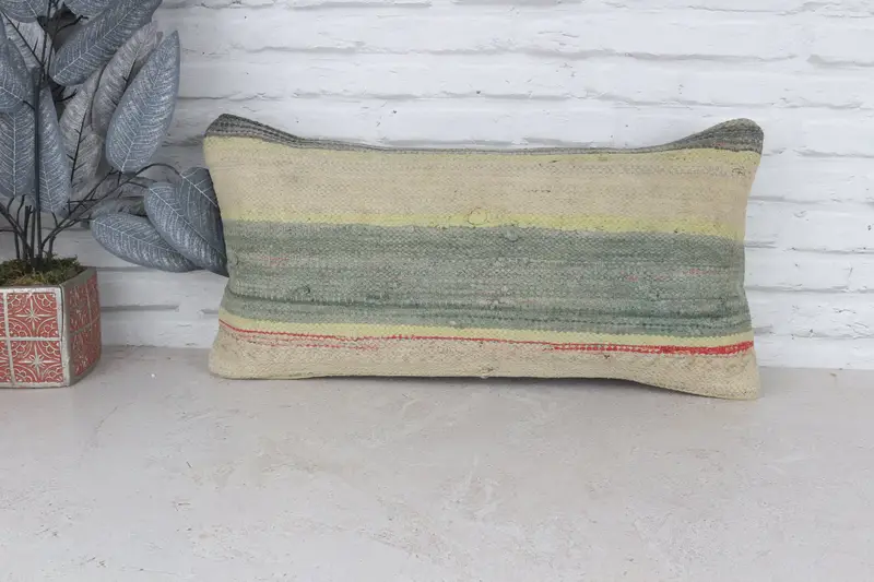 Antique Pillows, Colorful Cushion Cover, Nomadic Cushion Case, Pillow, Kilim Pillow Cover, 12x24 Green Cushion, Vintage Kilim Throw Pillow - 1
