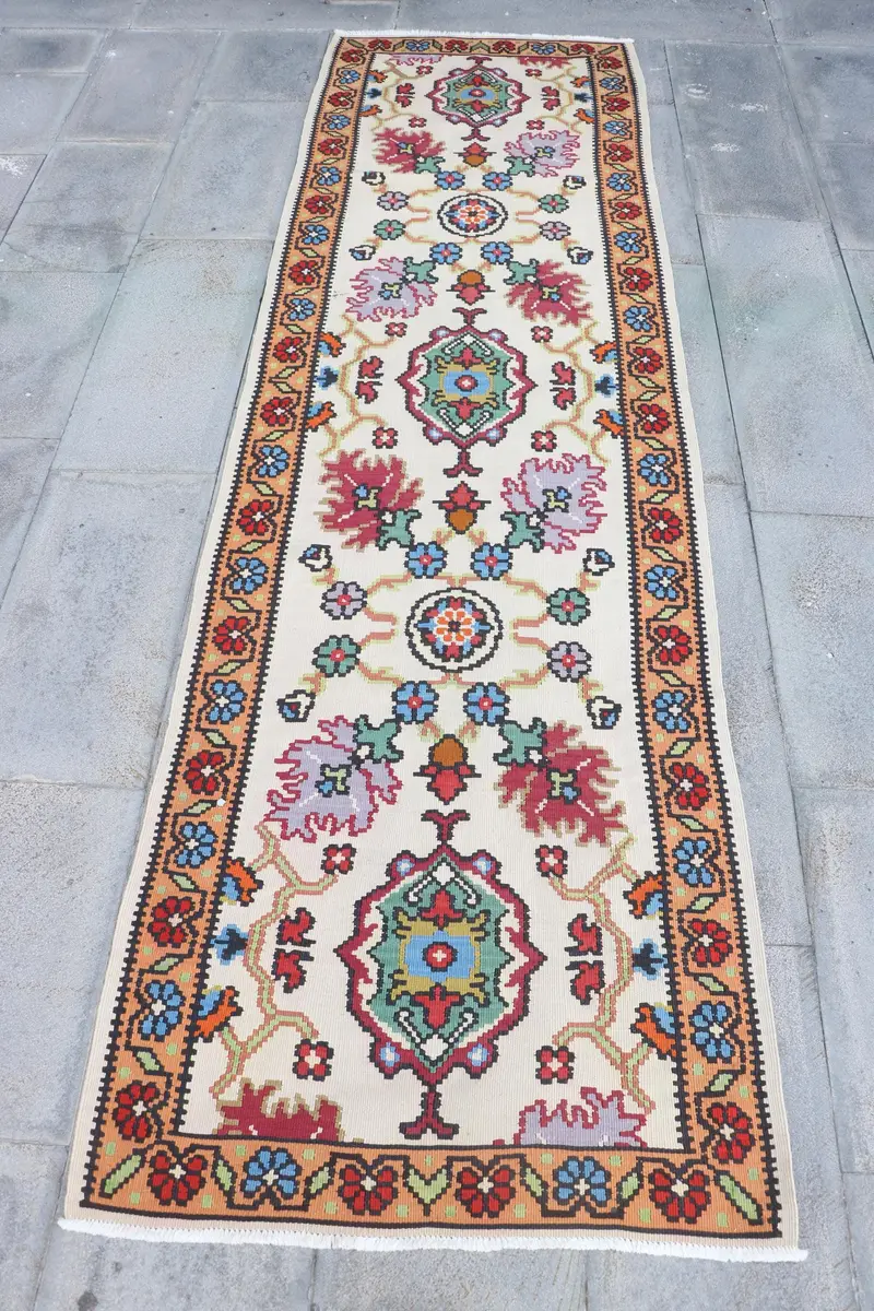 Bej ve Turuncu Halı, 2,7x9,3 ft Zarif Bordürlü Tasarım