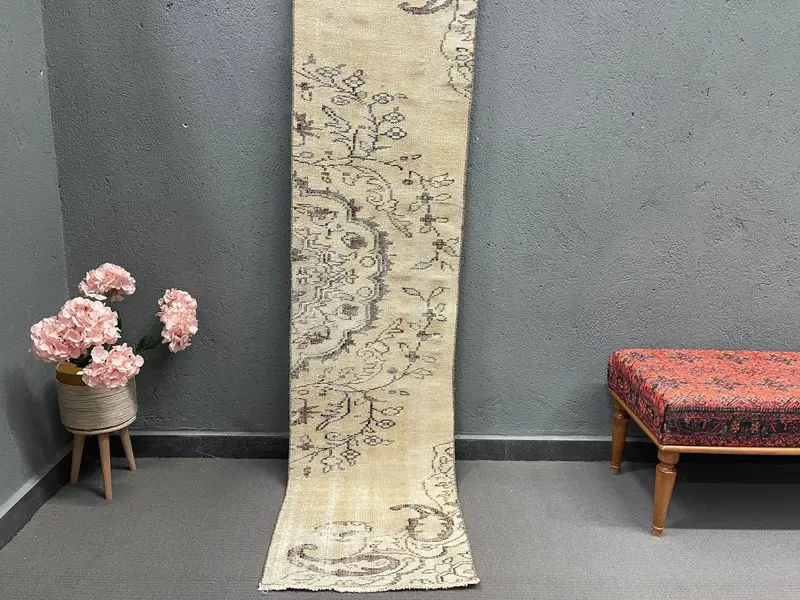 Turkish Vintage Rug, 1.9x7.8 ft Runner Rug, Beige Brown Striped Rug - 1