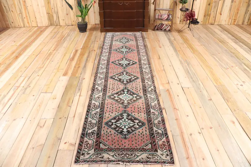 2.6x9.7 ft Oushak Türk Halısı, Kırmızı Paisley Vintage Halı Yün - 1