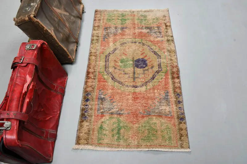 Turkish Vintage Small Rug 2.3x4.3 ft (71x130 cm), Orange Solid Oushak Rug - 1
