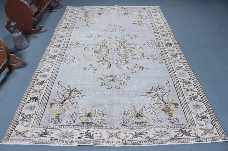5.8x9.3 ft Large Turkish Rug, Vintage Rug, White Brown Wool Rug - 1