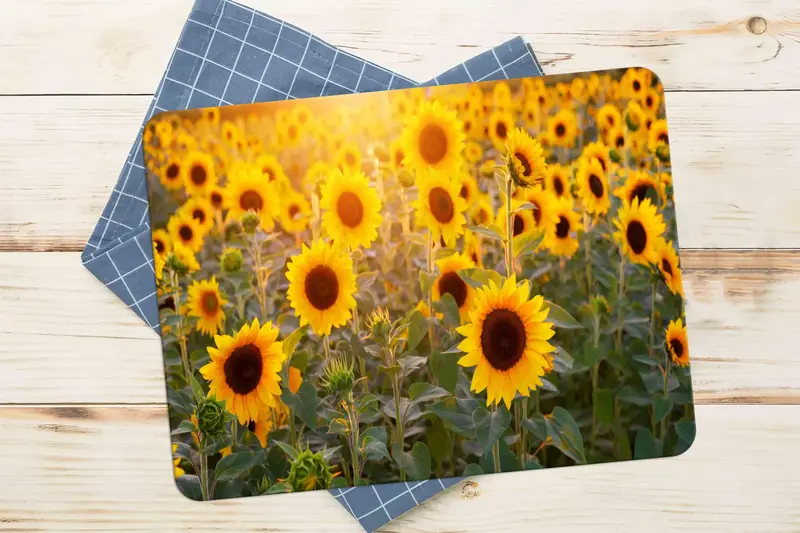 ひまわり畑のガラスまな板、イエロー ファームハウス キッチン エッセンシャル