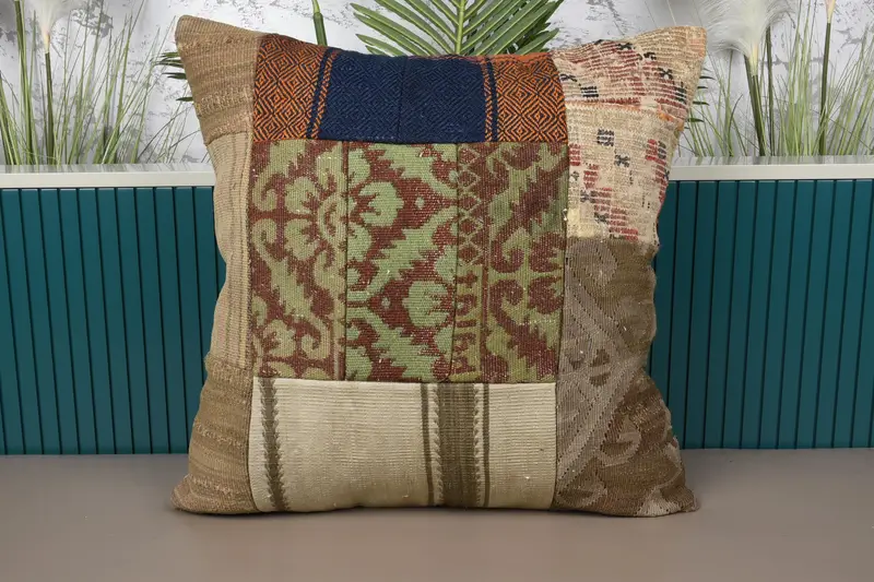 Yeşil & Kahverengi Patchwork Kırlent, 24x24 Nakışlı Kırlent