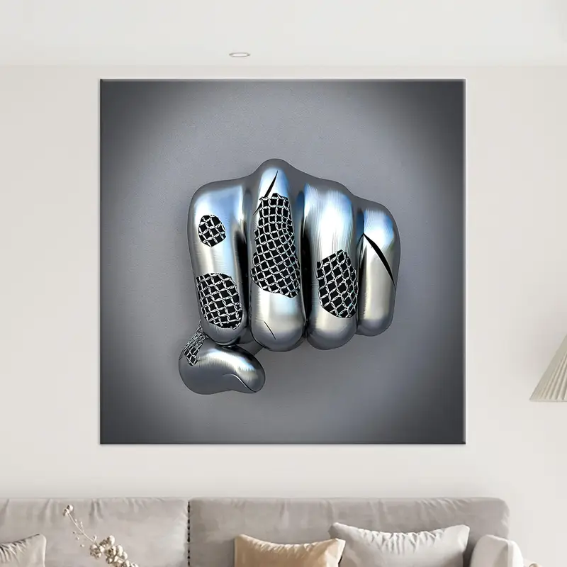 Metallic Fist 3D Effect Silver Contemporary Luxury Canvas Print