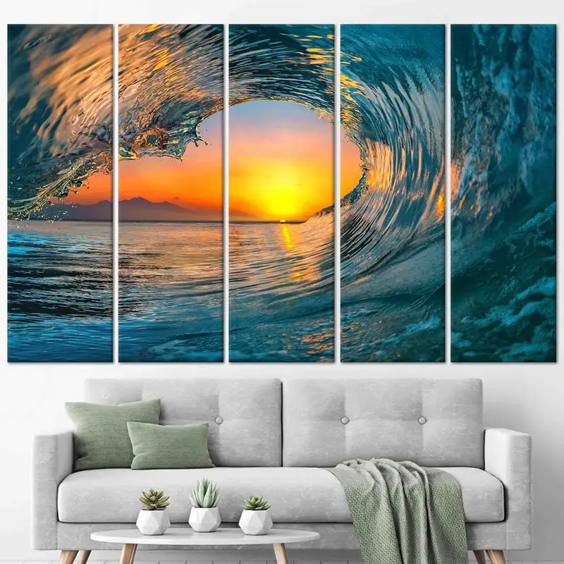 エレガントな夕日の海景プリント キャンバス: 自然の海の波