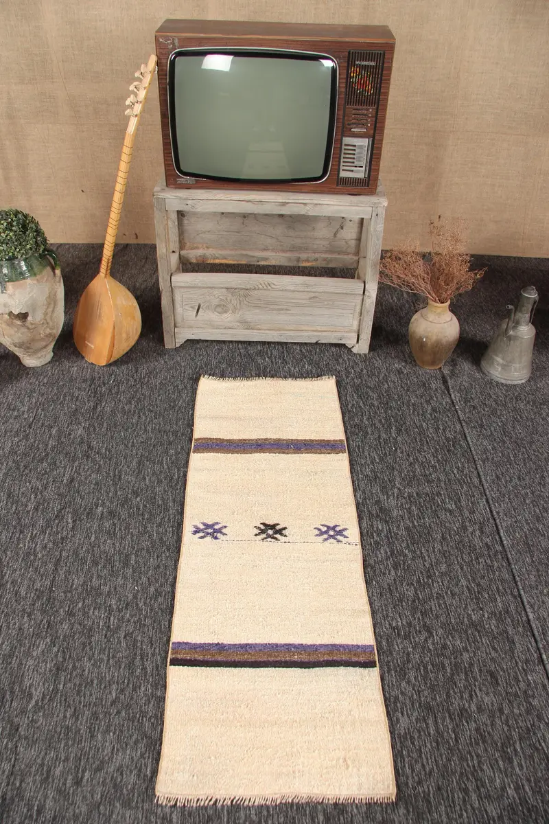 Turkish 1.6x4.7 ft Rug, Oushak Vintage Rug, Beige Camouflage Rug Wool - 1