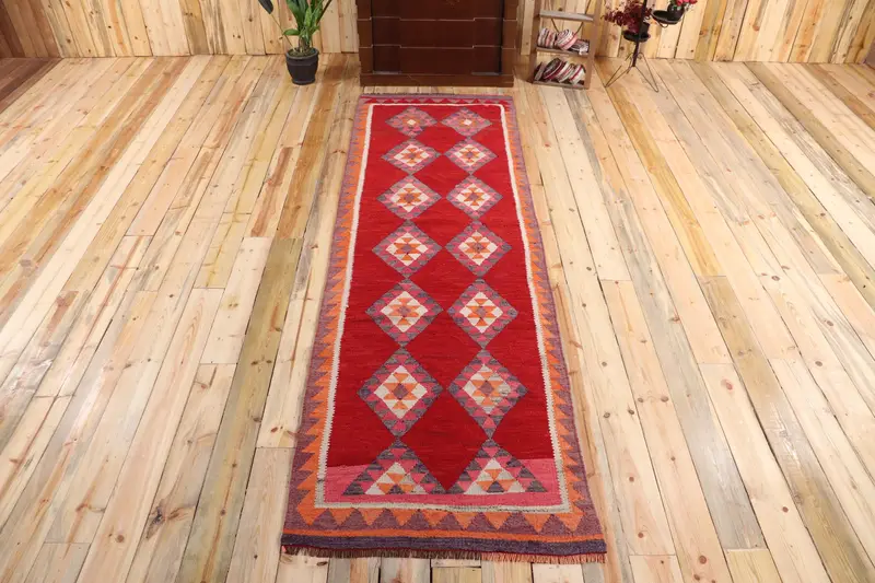 Türk Halısı, 3.1x10.2 ft Runner Vintage Halı, Kilim Kırmızı Turuncu Çizgili Halı - 1