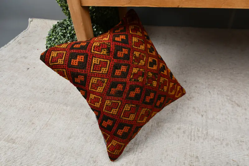 Vintage Kilim Pillow Pillow Case, Kilim Cushion Sham, Car Cushion Case, 16x16 Red Pillow Case, Pillow Sham, Antique Pillows, Handmade Kilim Cushion - 7