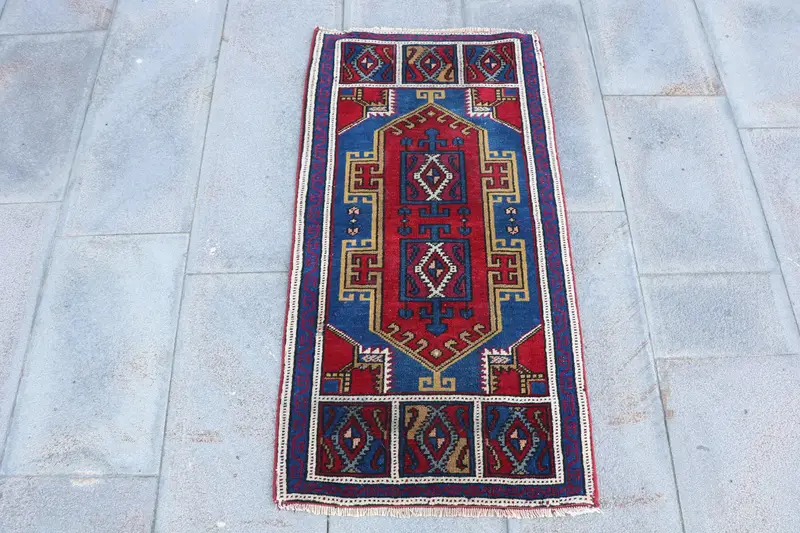 1.8x3.5 ft Oushak Rug, Turkish Vintage Rug, Red Blue Floral Rug - 1